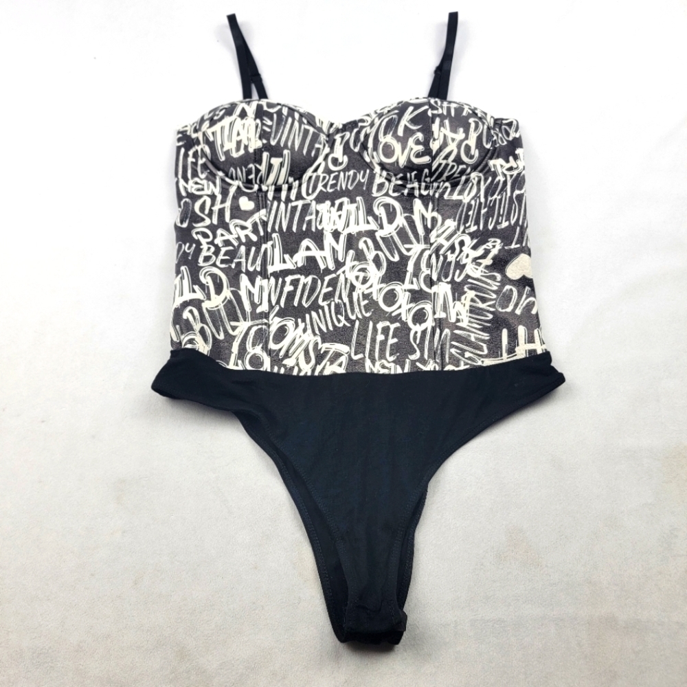 Say What black and white writing faux leather front bustier bodysuit‎ w/ boning